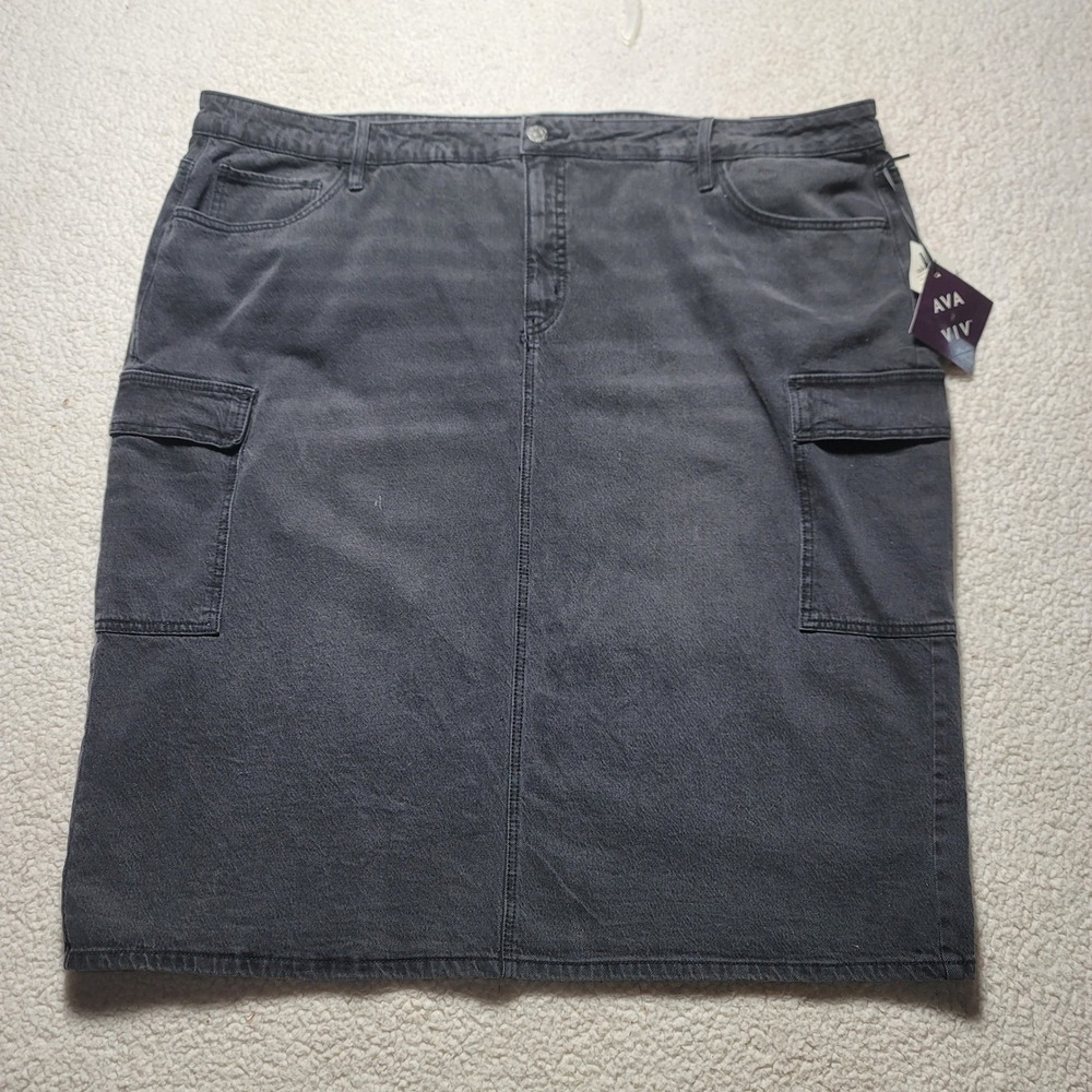 Ava & Viv Grey Denim Cargo Midi Skirt High Rise No-Gap Waistband Size 26W NWT